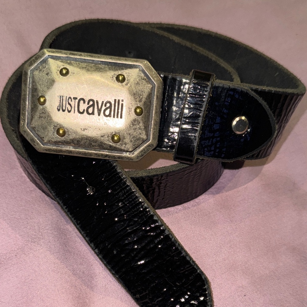 Just Cavalli Black patten leather Belt with Silver Buckle and gold studs